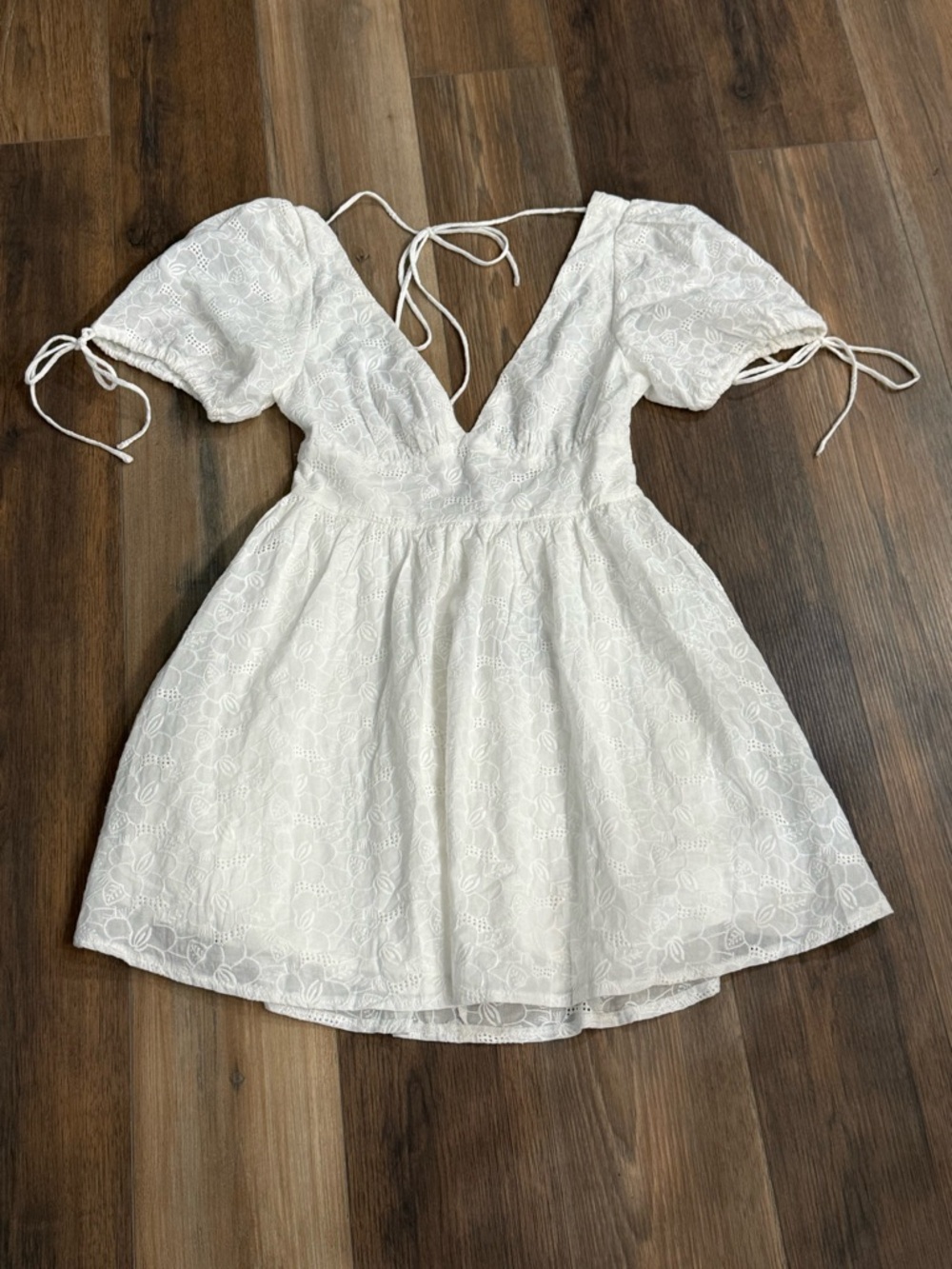 White Fox Eyelet Lace Mini Dress with Puff Sleeves